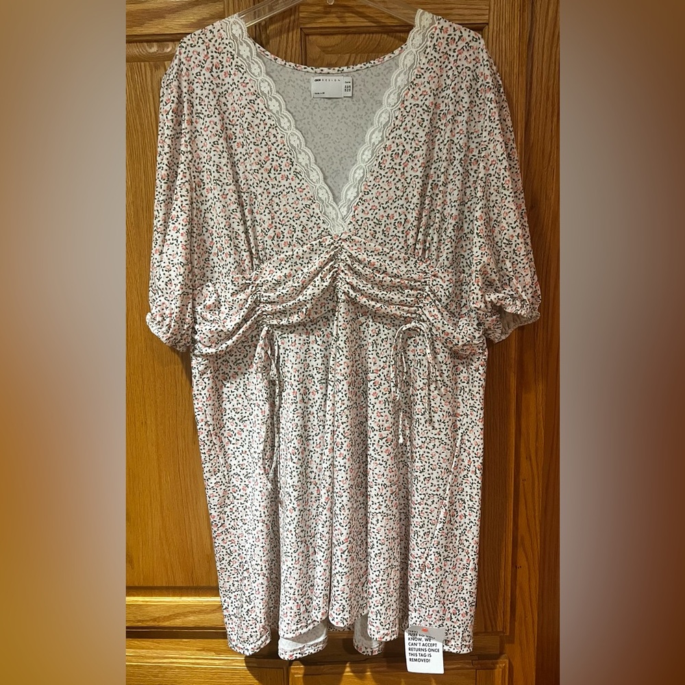 ASOS‎ Design Curve White & Pink Floral Print Lace Trim Dress Plus Size 20